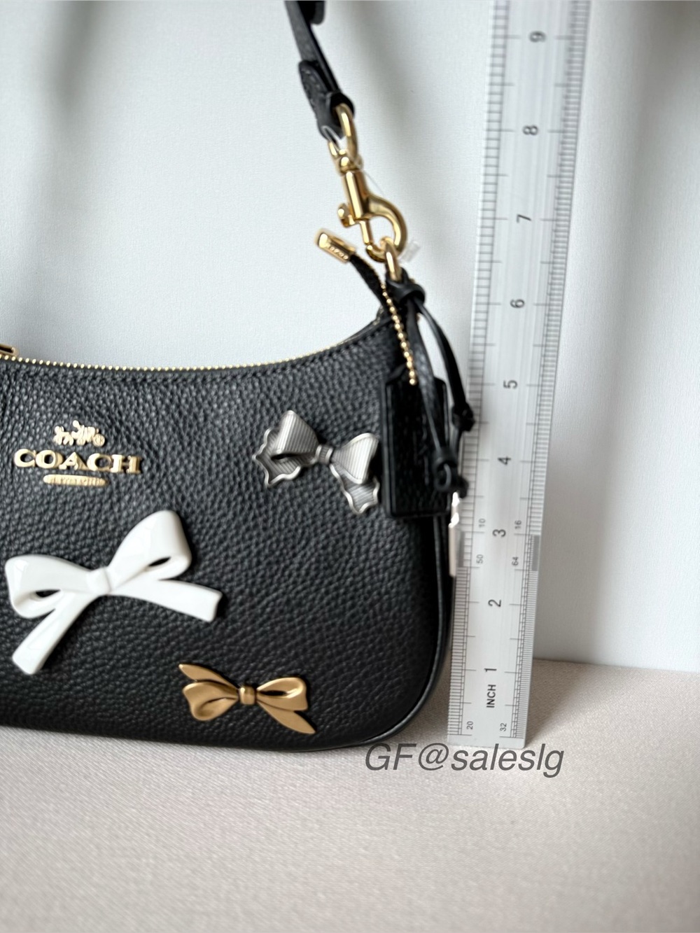Coach Teri Shoulder Bag Black Pebble Leather Bow Charm Set CDY93 NWT - Picture 7 of 15
